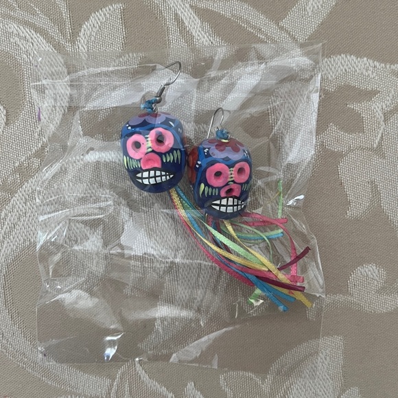 Hand Painted in Los Cabos Colorful Day of the Dead Skull Earrings with Tassels - Picture 4 of 4